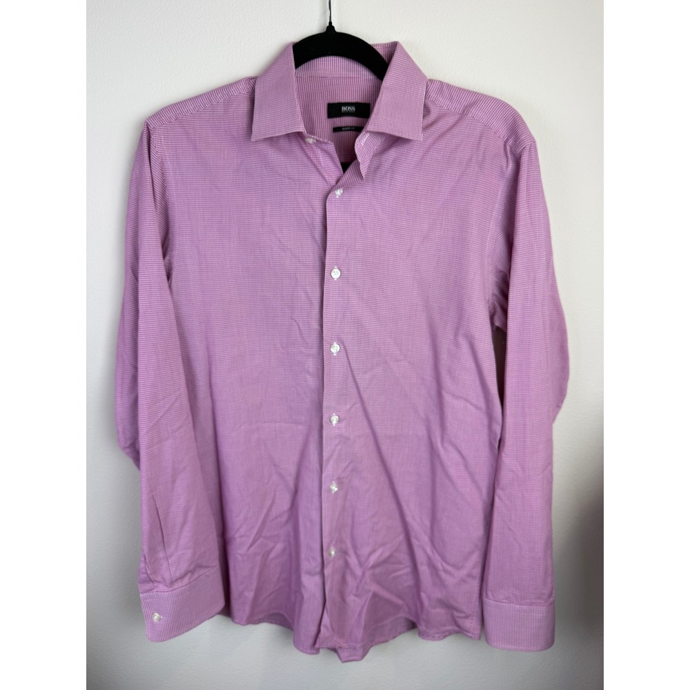 Hugo Boss Sharp Fit Pink White Micro Check Dress Shirt Mens 15 32/33 Cotton